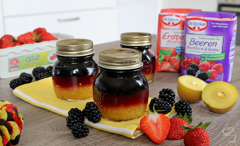 EM Deutschland Marmelade Brombeer-Johannisbeere Erdbeer-Hibiskis Mango-Kiwi